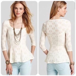 Free People Ivory Floral Eyelet Lace Peplum Top
